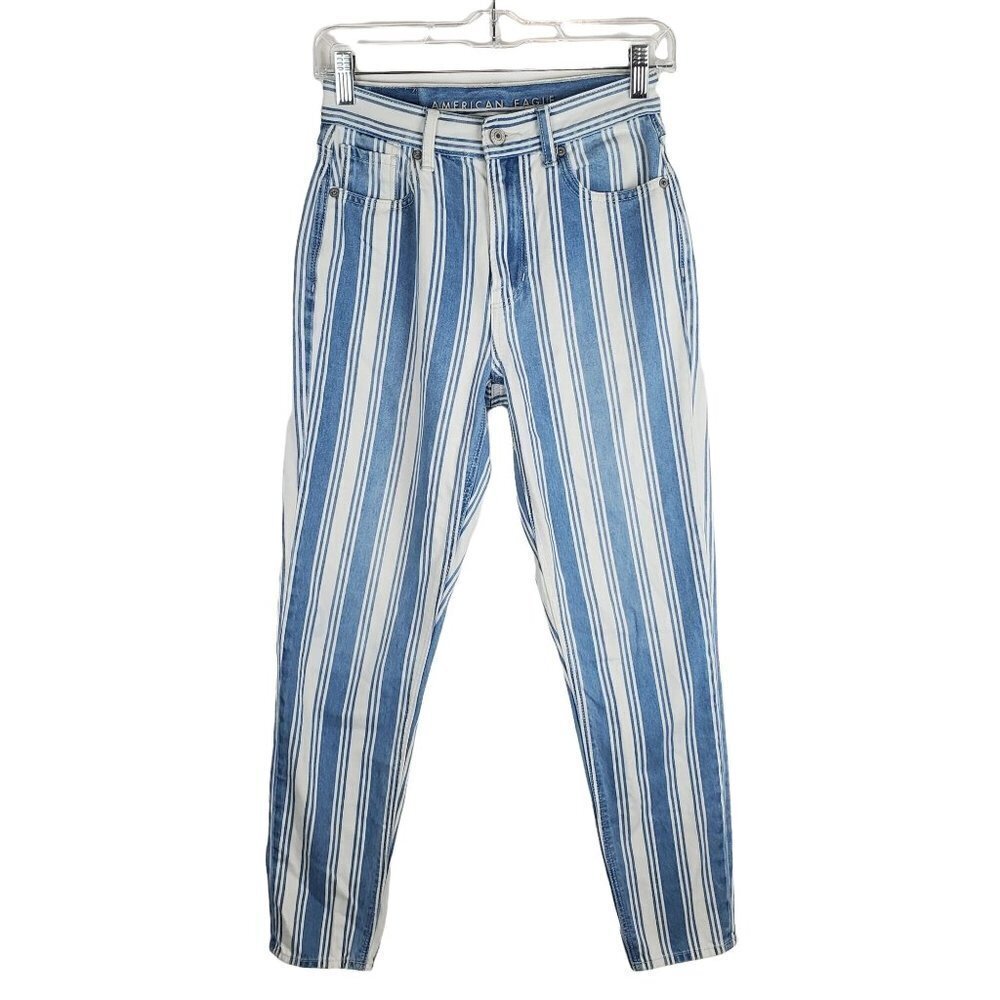 American Eagle 00 Mom Jeans High Rise Blue White Striped Denim Preppy Coastal